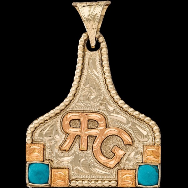 Clarabelle, German Silver base 1.75"x1.50" and a beaded edge. Copper ranch logo, and hand-engraved squares beside 2 simulated turquoise stones.

Chain not 